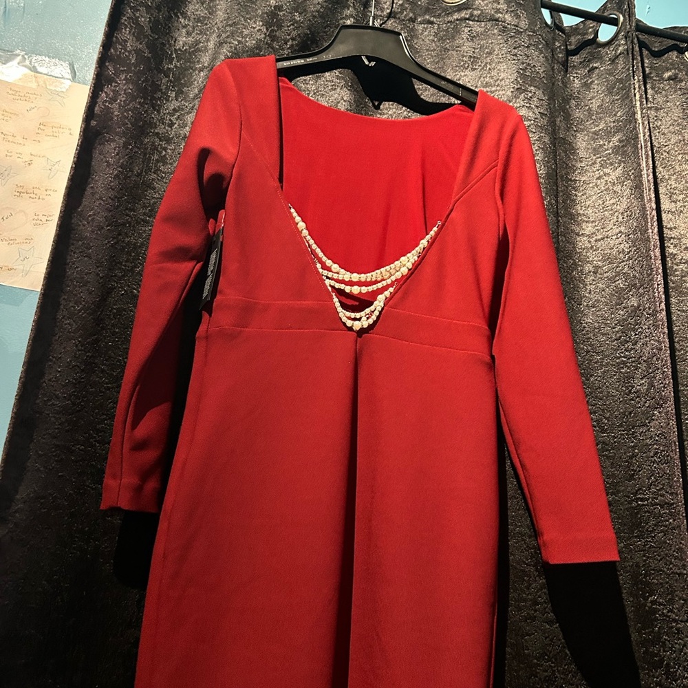 Marciano Elegant Red Long Sleeve Dress with Pearl Details